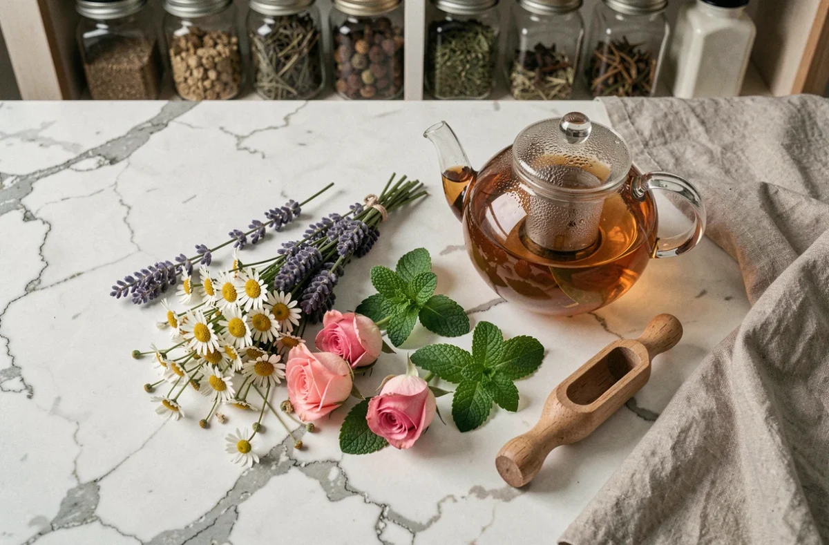 Flat-lay d'ingrédients d'infusions premium avec camomille, lavande et théière en verre sur marbre blanc