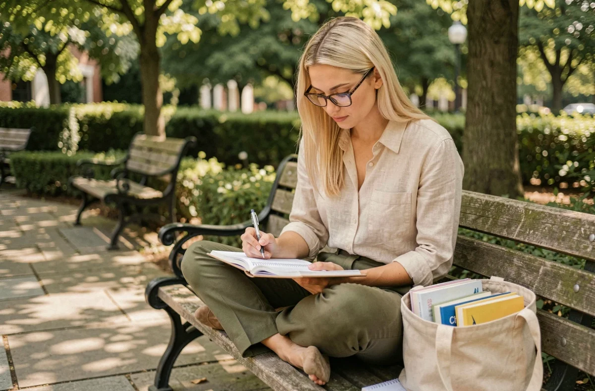 Jeune femme en formation pour devenir accompagnatrice professionnelle, étudiant des manuels dans un jardin public calme