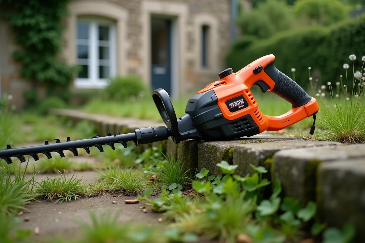 Gros plan d'une débroussailleuse électrique sans fil posée dans un jardin envahi par la végétation