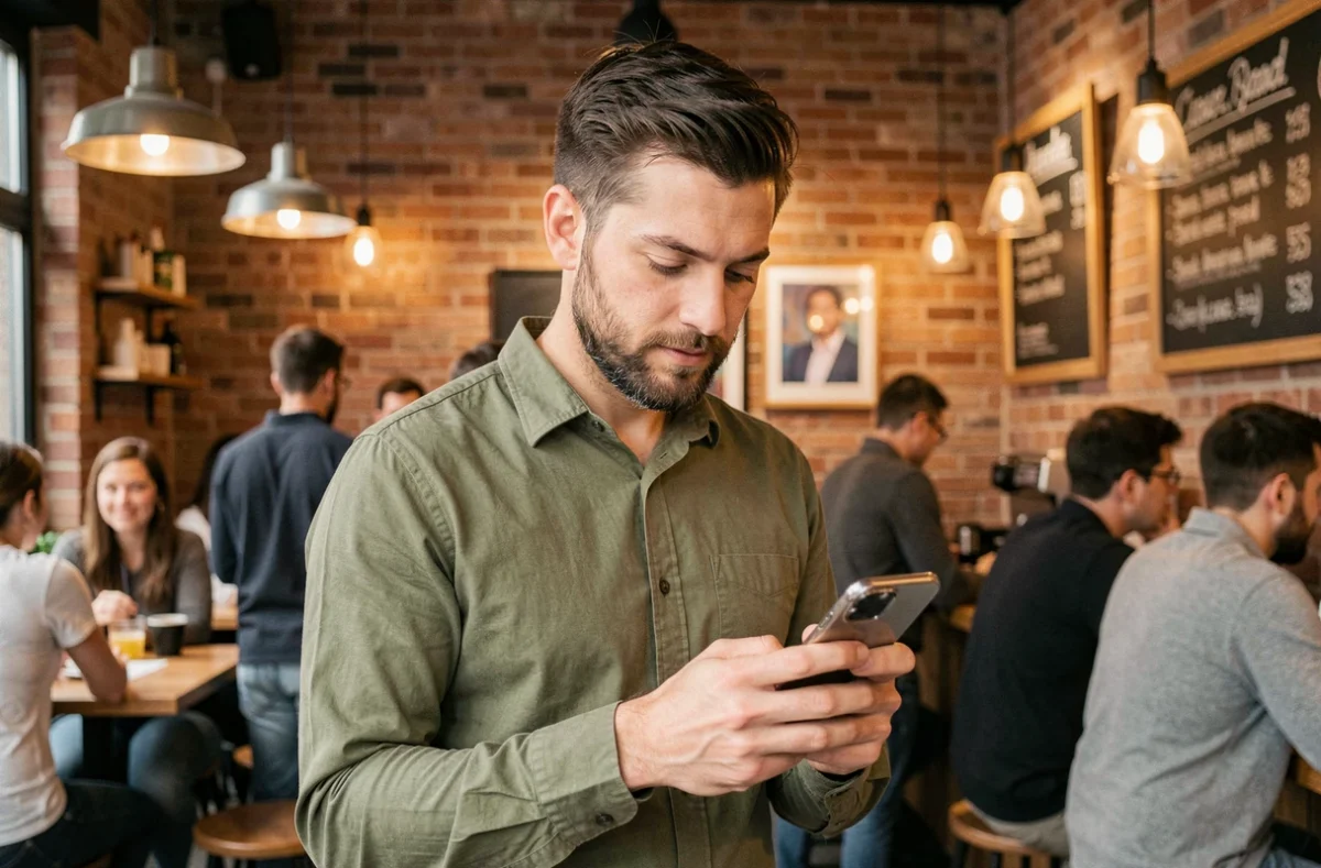 Homme consultant les actualités du web sur smartphone dans un café urbain tendance