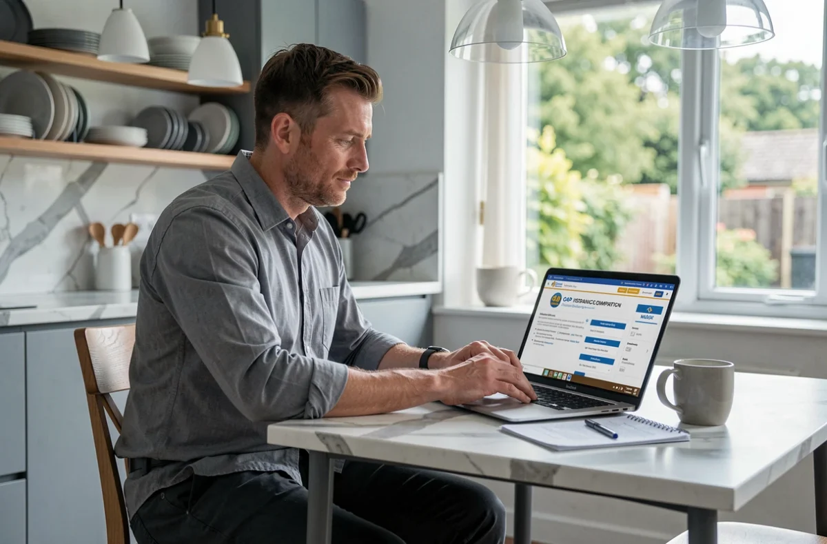 Homme comparant des plans d'assurance OAP sur un ordinateur portable chez lui