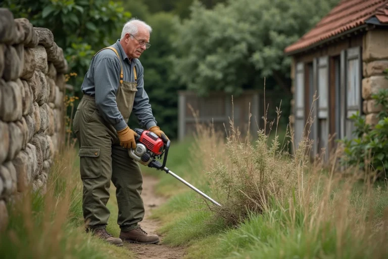 Homme utilisant une débroussailleuse thermique pour entretenir un jardin avec végétation dense et mur en pierre