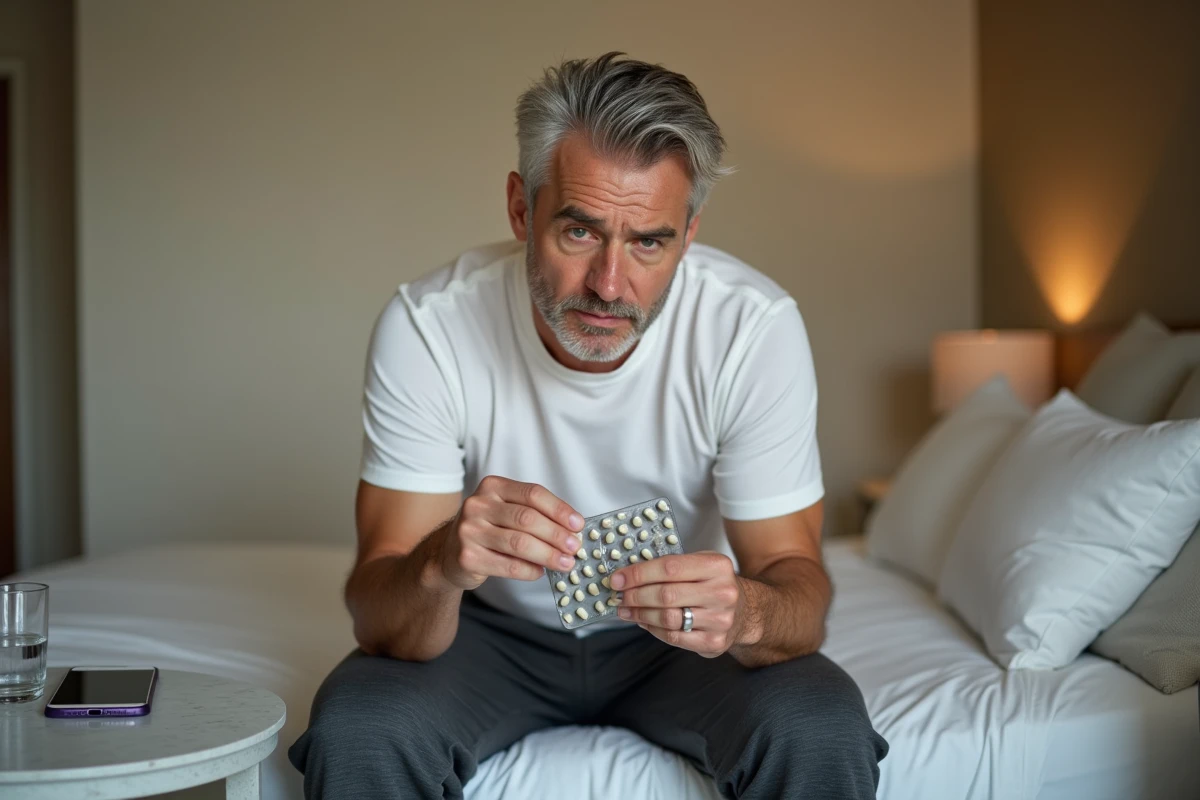 Homme d'âge mûr examinant des gélules Puissance 1000 dans sa chambre, réflexion sur les risques et effets indésirables