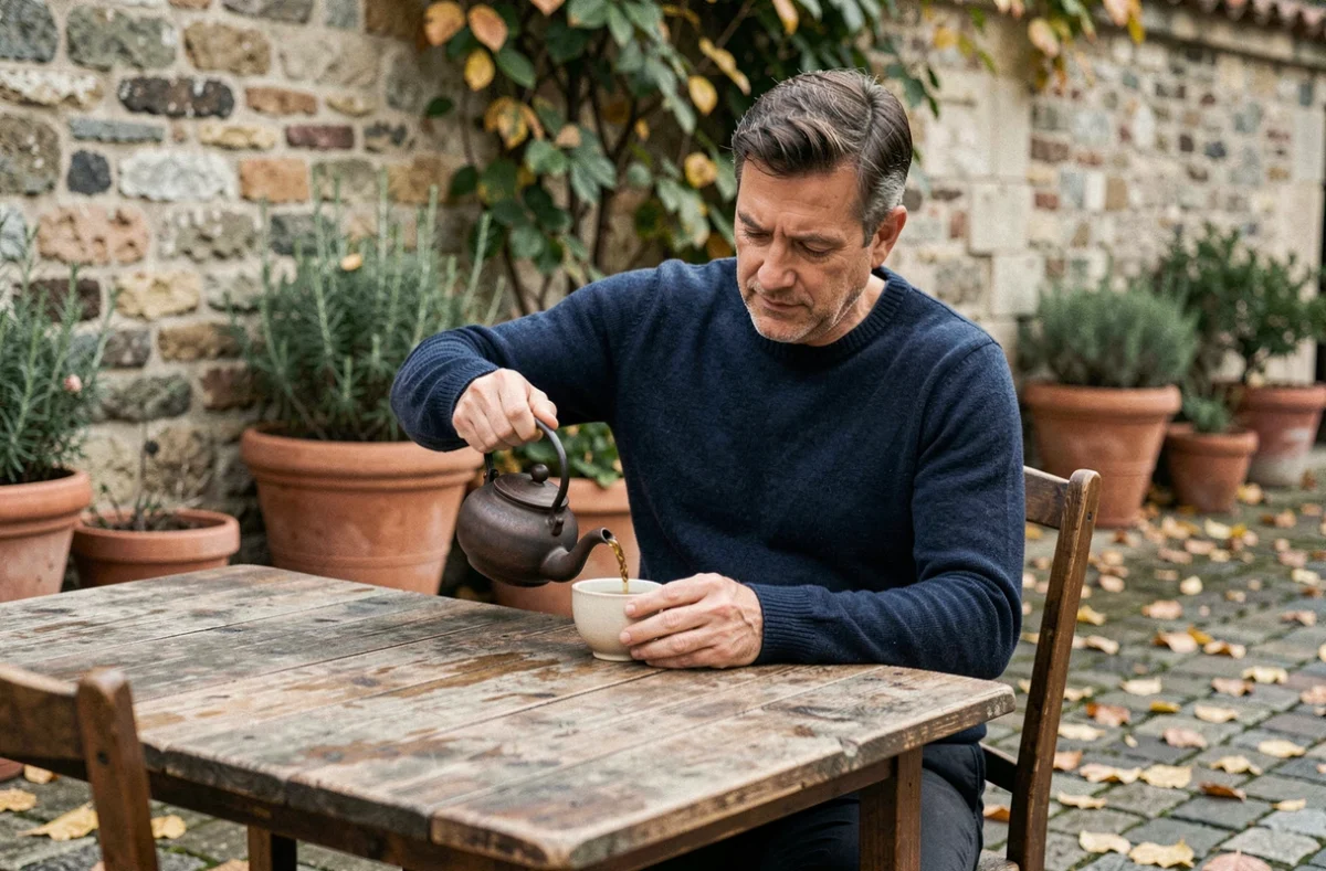 Homme versant une infusion depuis une théière en fonte sur une terrasse rustique en automne