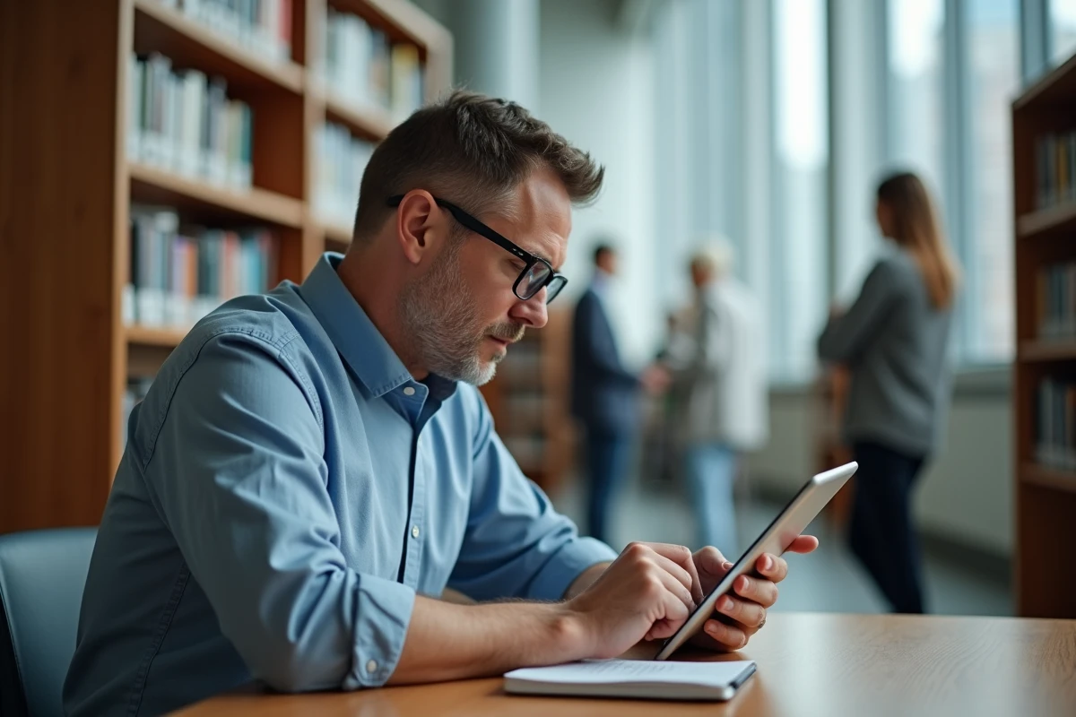 Homme lisant un test IQ sur tablette dans une bibliothèque lumineuse