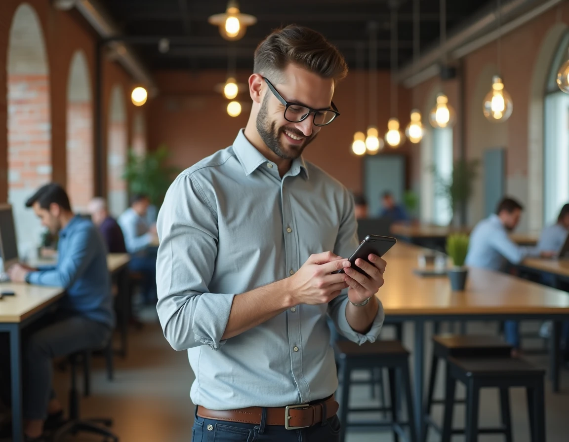 Homme consultant des offres d'emploi sur smartphone dans un espace de coworking moderne
