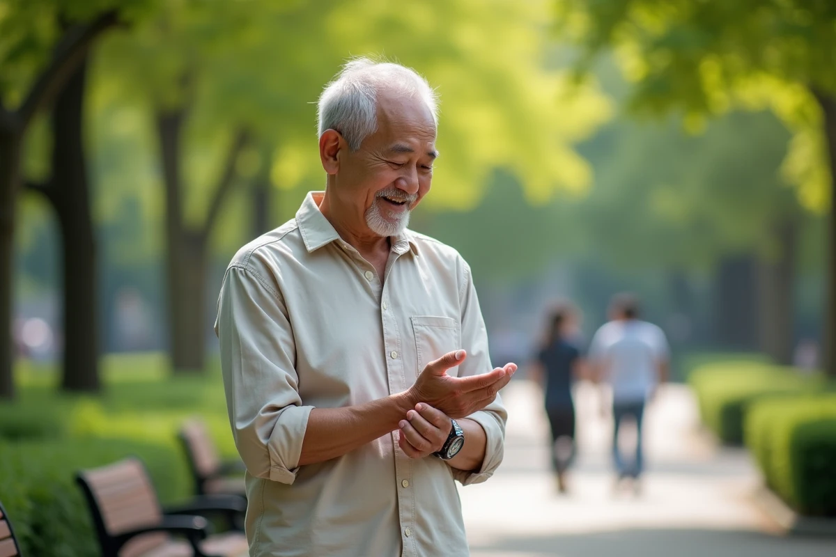 Homme asiatique dans un parc urbain appliquant une creme mains