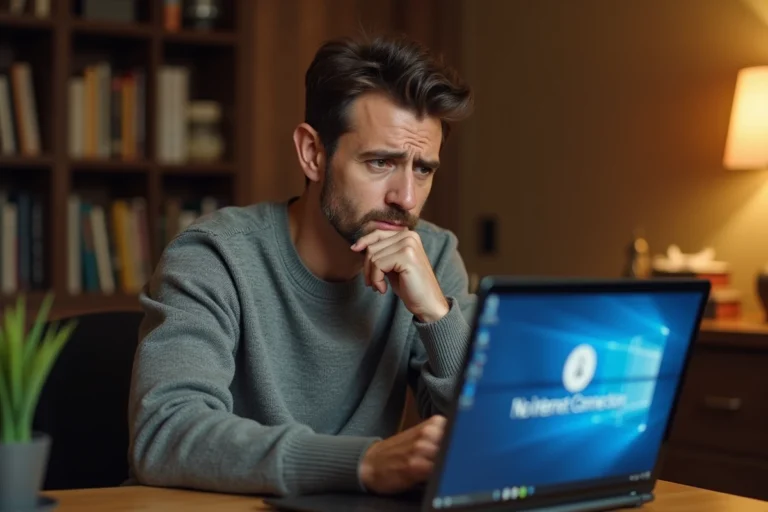 Homme frustré face à une erreur de connexion Internet sur son ordinateur portable à domicile