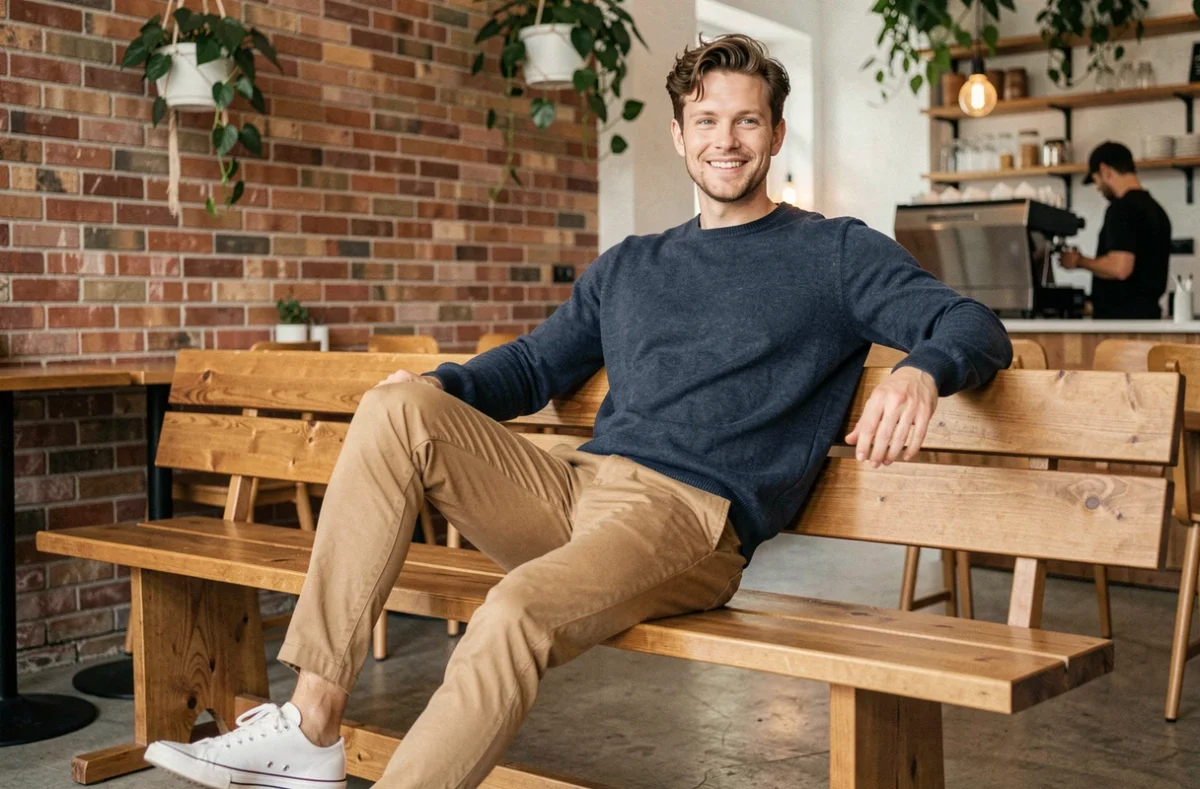 Homme en pull coton marine Liberto assis dans un café minimaliste avec une ambiance décontractée et tendance