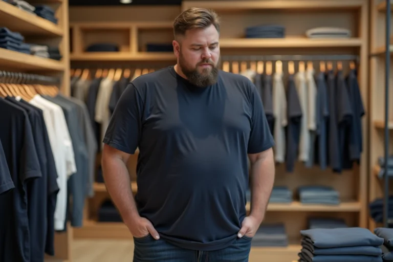 Homme portant un t-shirt grande taille 7XL dans un magasin de vêtements en train de lire une étiquette de taille