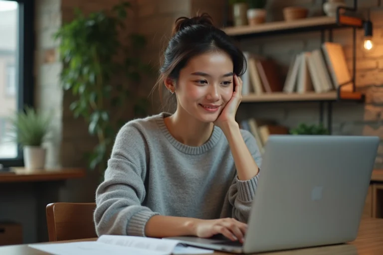 Jeune femme testant son QI sur ordinateur dans un bureau cosy