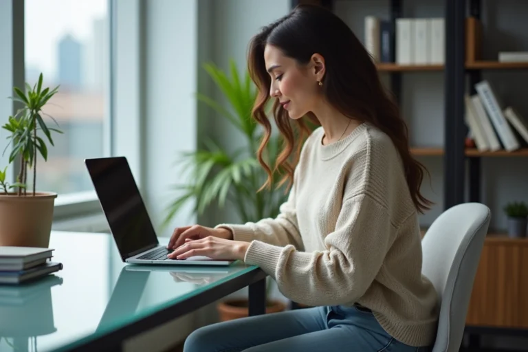Jeune femme concentrée travaillant sur son ordinateur dans un bureau moderne