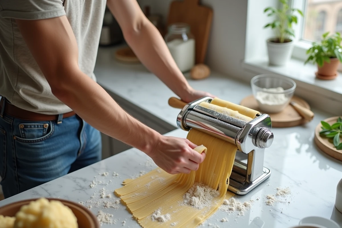 Jeune homme utilisant une machine à pâtes moderne