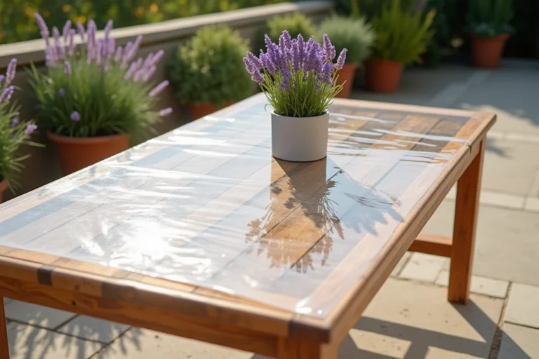 Nappe transparente anti UV posée sur une table de jardin en bois sur une terrasse ensoleillée