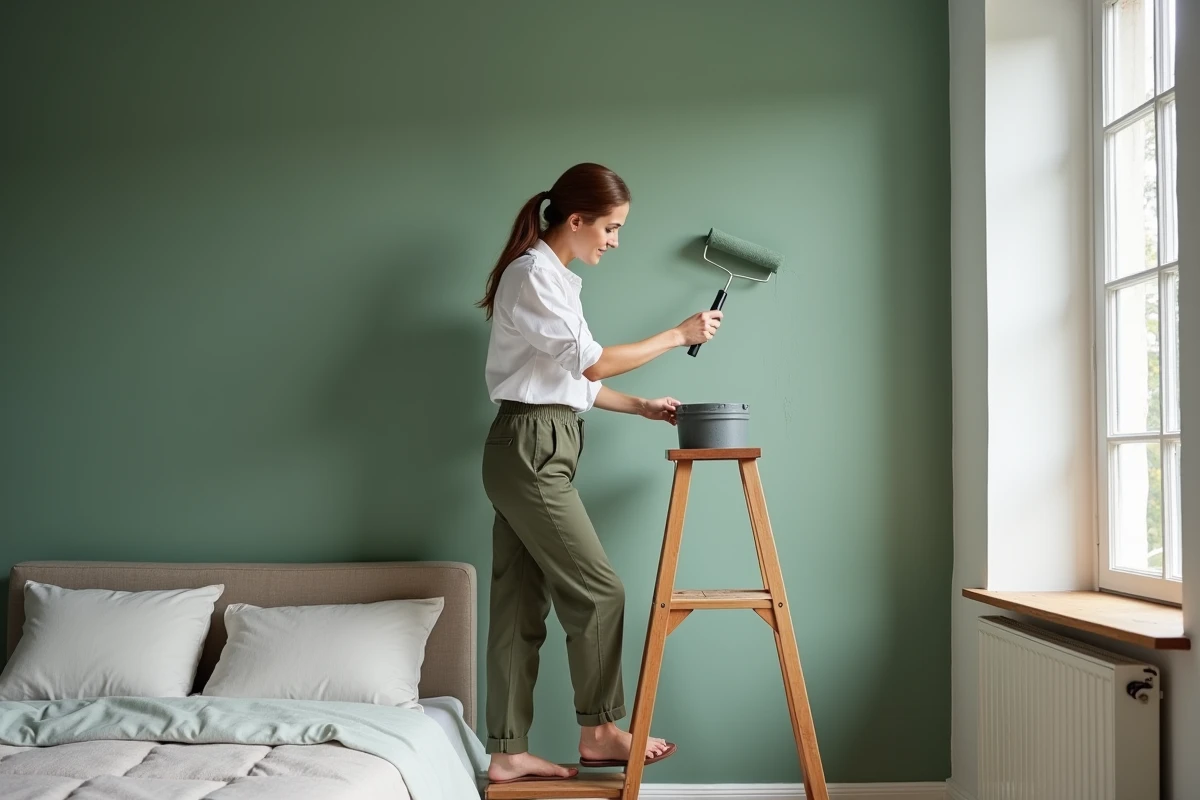 Femme peignant un mur en vert sauge dans une chambre lors de travaux de décoration intérieure DIY