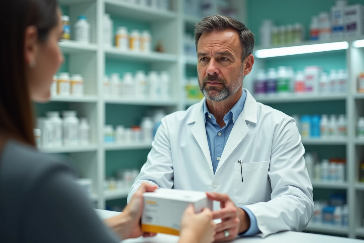 Pharmacien remettant un complément alimentaire Puissance 1000 à un client, conseil officinal sur les contre-indications