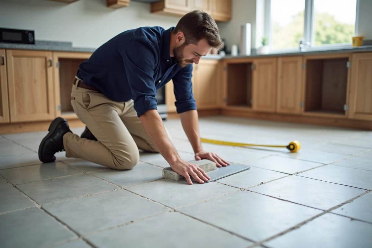 Artisan posant des carreaux de grande taille sur le sol d'une cuisine en cours de rénovation