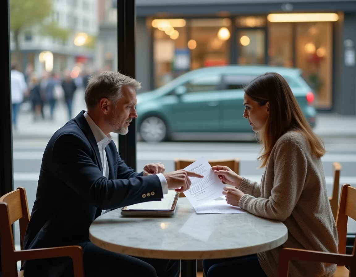 Deux professionnels échangeant sur des sites de recherche d'emploi autour d'un café en ville