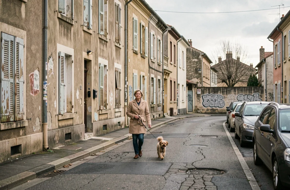 Rue résidentielle défraîchie d'un quartier de Blois avec façades usées et trottoirs fissurés