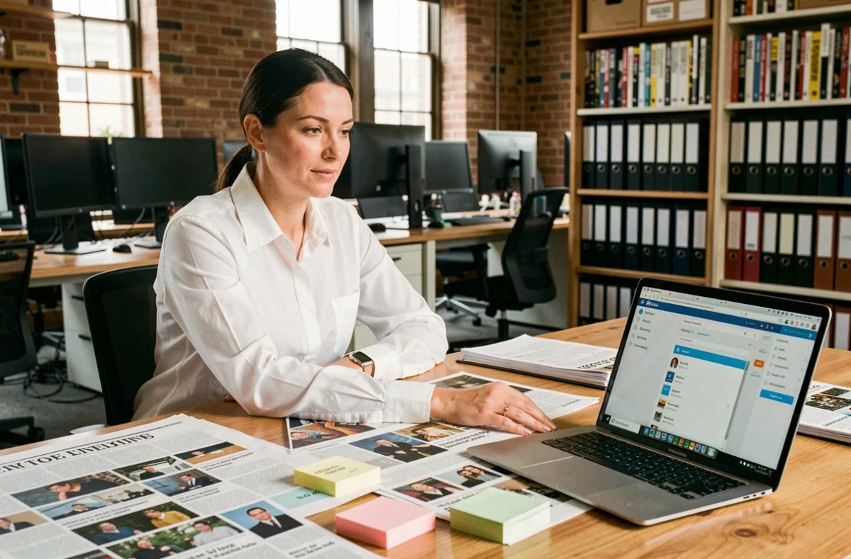 Rédactrice en chef d'un magazine en ligne organisant la structure éditoriale sur son bureau dans une salle de rédaction moderne