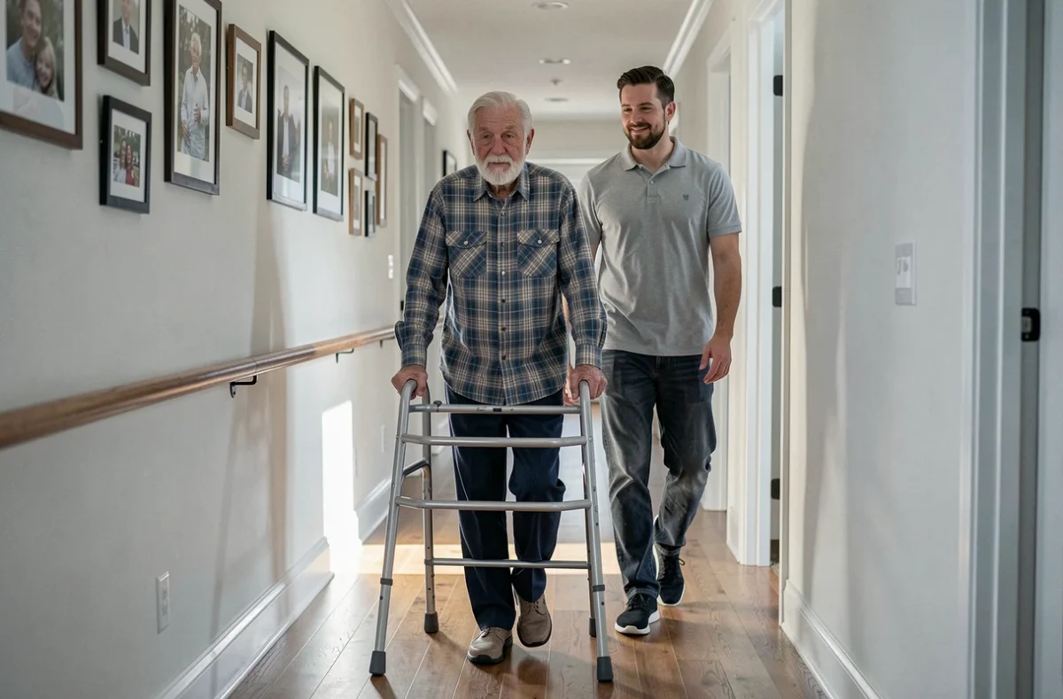 Physiothérapeute accompagnant un homme âgé dans son couloir lors d'une séance de rééducation à domicile