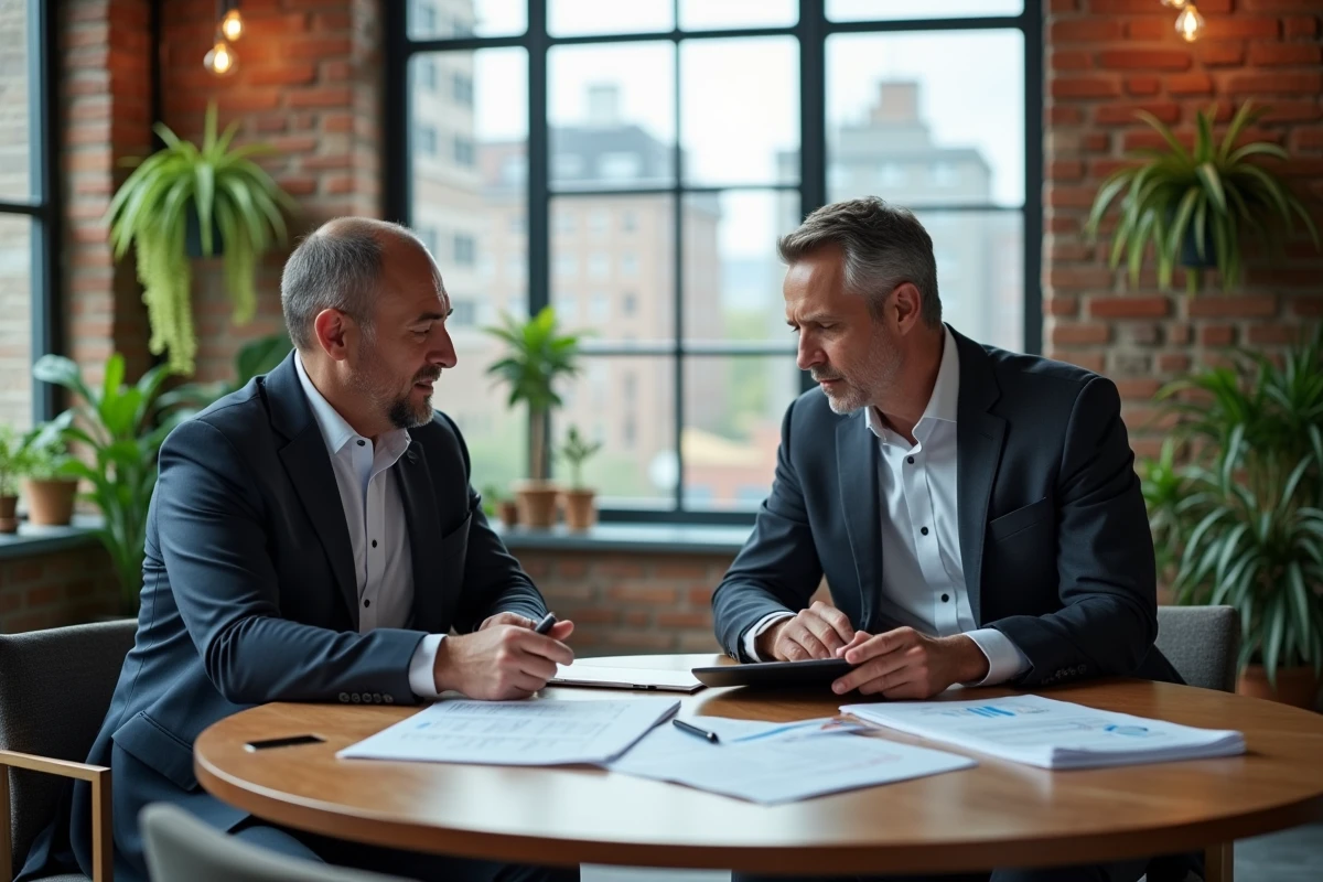 Deux professionnels discutant de tendances économiques autour d'une table dans un espace de coworking urbain