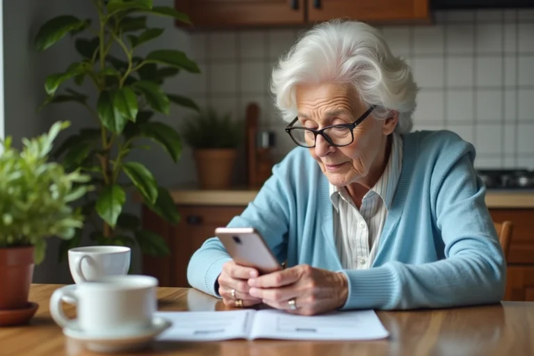 Femme senior regardant son téléphone Doro à la maison