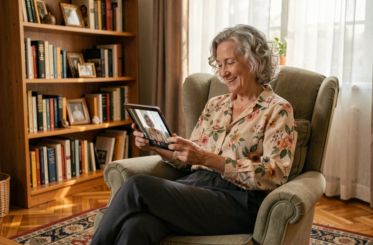 Femme senior utilisant une tablette pour un appel vidéo à domicile dans un salon confortable