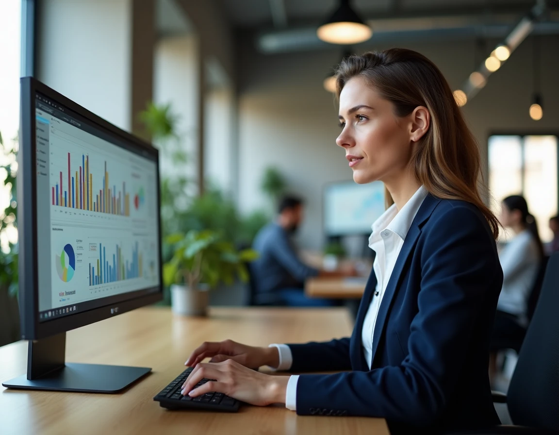 Femme professionnelle analysant des tableaux de bord de marketing digital sur deux écrans dans un bureau moderne en 2024