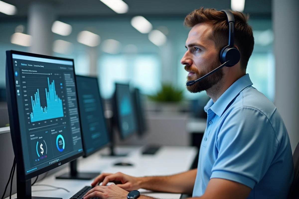 Technicien support réseau en train d'aider un client à résoudre un problème de connexion Internet par téléphone