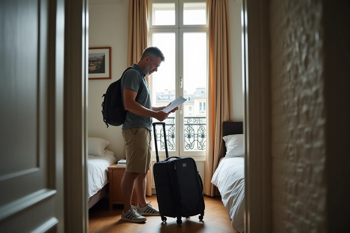 Homme voyageur lisant son itinéraire dans une chambre parisienne