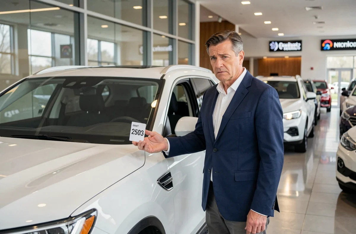 Vendeur automobile en concession présentant le prix d'un SUV blanc sur un marché en hausse