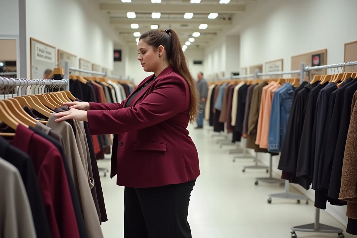 Vendeuse grande taille arrangeant des vêtements 7XL sur un portant dans une boutique spécialisée grandes tailles