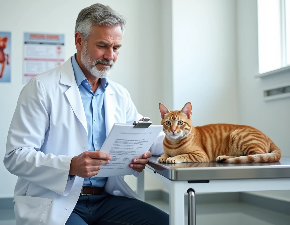 Vétérinaire examinant un chat tigré dans une clinique vétérinaire avec des documents de mutuelle animaux